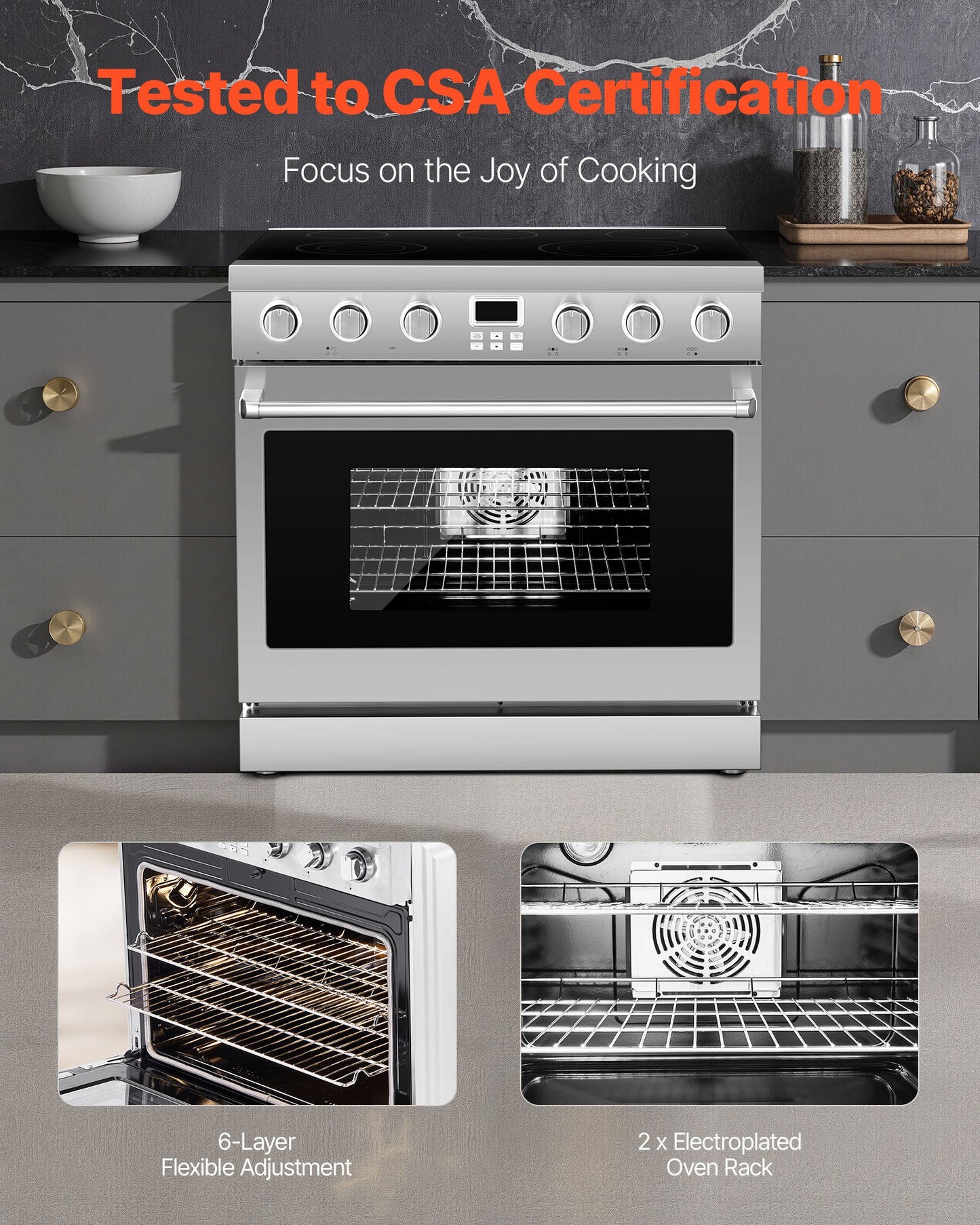 36 in Electric Range Oven, 6.0 Cu. Ft. Capacity Compact Freestanding Oven, Stainless Steel Kitchen Stove, with 5 Burners, Digital Screen Button Control, Easy Reach Racks for RV(No Power Cord)