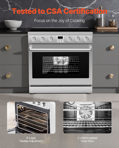 36 in Electric Range Oven, 6.0 Cu. Ft. Capacity Compact Freestanding Oven, Stainless Steel Kitchen Stove, with 5 Burners, Digital Screen Button Control, Easy Reach Racks for RV(No Power Cord)
