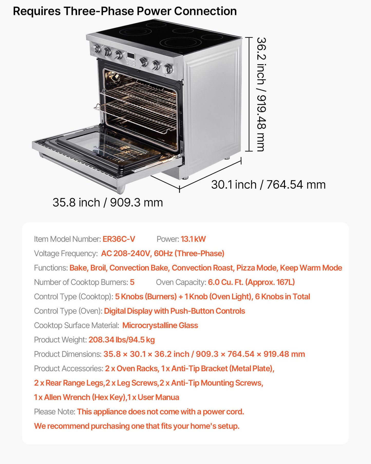 36 in Electric Range Oven, 6.0 Cu. Ft. Capacity Compact Freestanding Oven, Stainless Steel Kitchen Stove, with 5 Burners, Digital Screen Button Control, Easy Reach Racks for RV(No Power Cord)