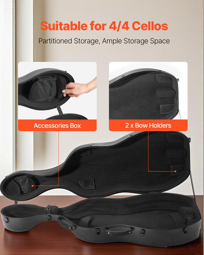 4/4 Full Size Cello Case, Composite Carbon Fiber, Lightweight Portable Travel Carrying Bag, with Plush Lining, Dual Shoulder Straps, Anti-Scratch, Professional Cello-Shape, for Cello, Black