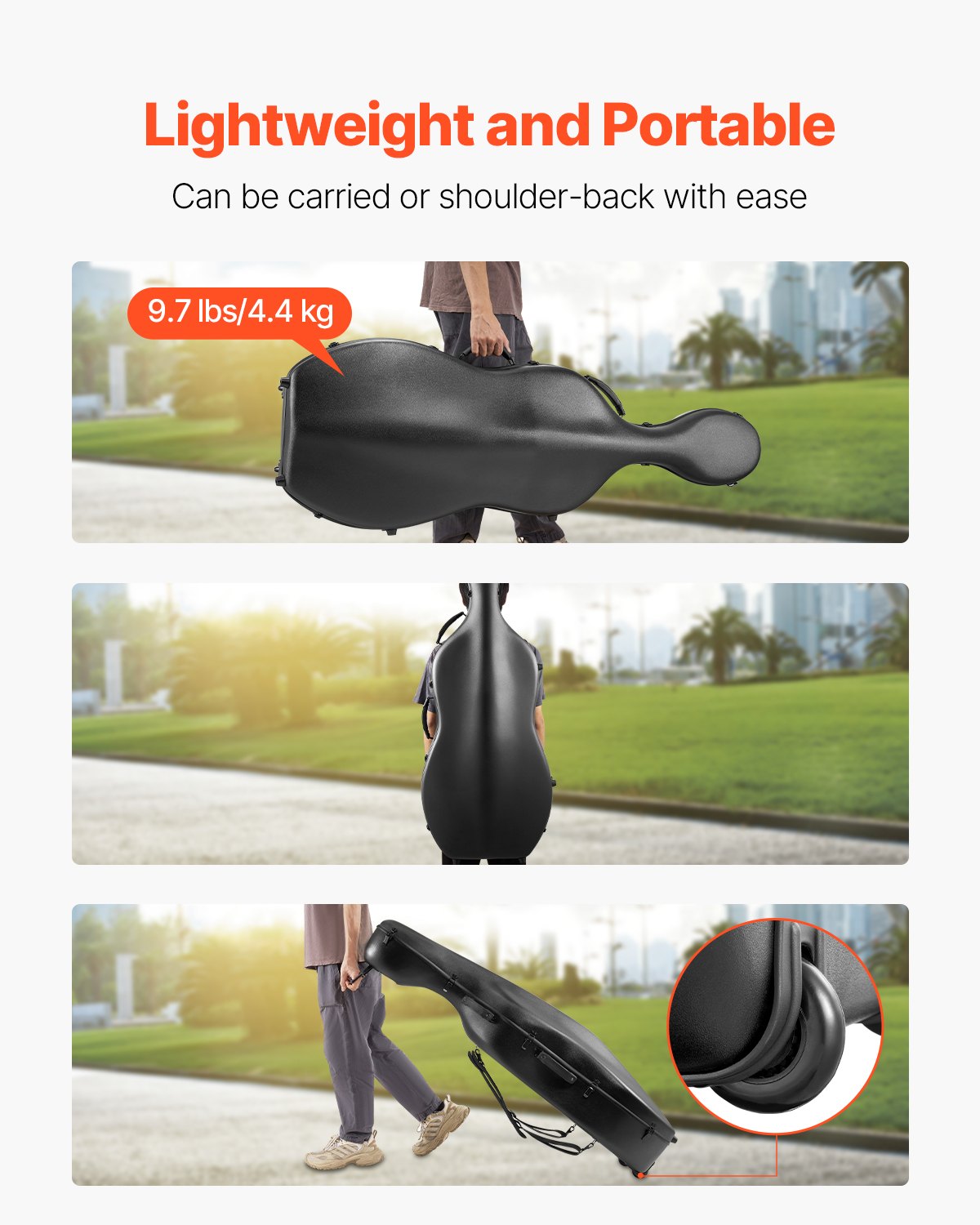 4/4 Full Size Cello Case, Composite Carbon Fiber, Lightweight Portable Travel Carrying Bag, with Plush Lining, Dual Shoulder Straps, Anti-Scratch, Professional Cello-Shape, for Cello, Black