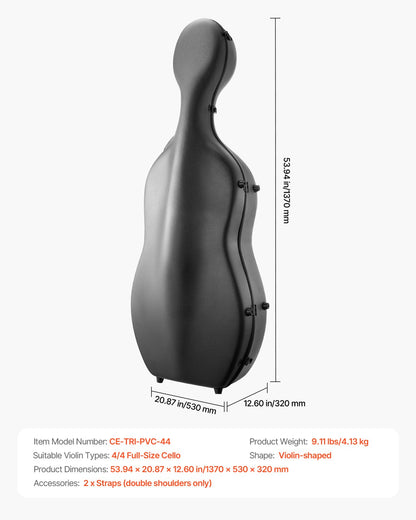 4/4 Full Size Cello Case, Composite Carbon Fiber, Lightweight Portable Travel Carrying Bag, with Plush Lining, Dual Shoulder Straps, Anti-Scratch, Professional Cello-Shape, for Cello, Black