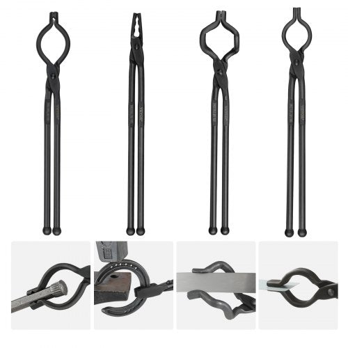 Blacksmith Tongs, 18” 4 PCS, V-Bit Bolt Tongs, Wolf Jaw Tongs, Z V-Bit Tongs and Gripping Tongs, Carbon Steel Forge Tongs with A3 Steel Rivets, for Beginner and Seasoned Blacksmiths, Bladesmiths