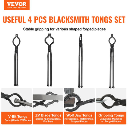 Blacksmith Tongs, 18” 4 PCS, V-Bit Bolt Tongs, Wolf Jaw Tongs, Z V-Bit Tongs and Griping Tongs, Carbon Steel Smide Tongs with A3 Steel Nitar, för nybörjare och erfarna smeder, bladsmeder