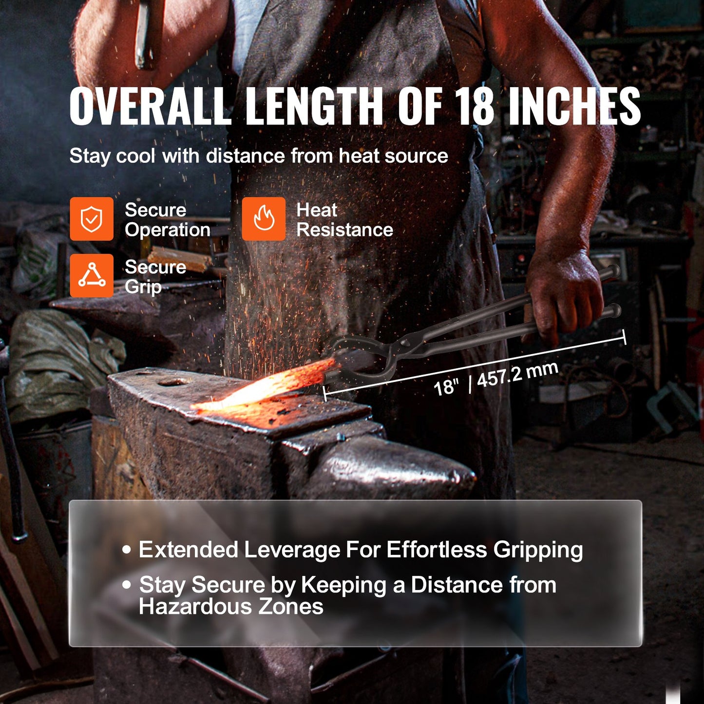 Blacksmith Tongs, 18” 4 PCS, V-Bit Bolt Tongs, Wolf Jaw Tongs, Z V-Bit Tongs and Griping Tongs, Carbon Steel Smide Tongs with A3 Steel Nitar, för nybörjare och erfarna smeder, bladsmeder