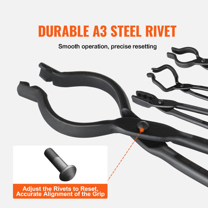 Blacksmith Tongs, 18” 4 PCS, V-Bit Bolt Tongs, Wolf Jaw Tongs, Z V-Bit Tongs and Griping Tongs, Carbon Steel Smide Tongs with A3 Steel Nitar, för nybörjare och erfarna smeder, bladsmeder