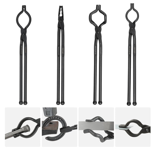 Blacksmith Tongs, 18” 4 PCS, V-Bit Bolt Tongs, Wolf Jaw Tongs, Z V-Bit Tongs and Griping Tongs, Carbon Steel Smide Tongs with A3 Steel Nitar, för nybörjare och erfarna smeder, bladsmeder
