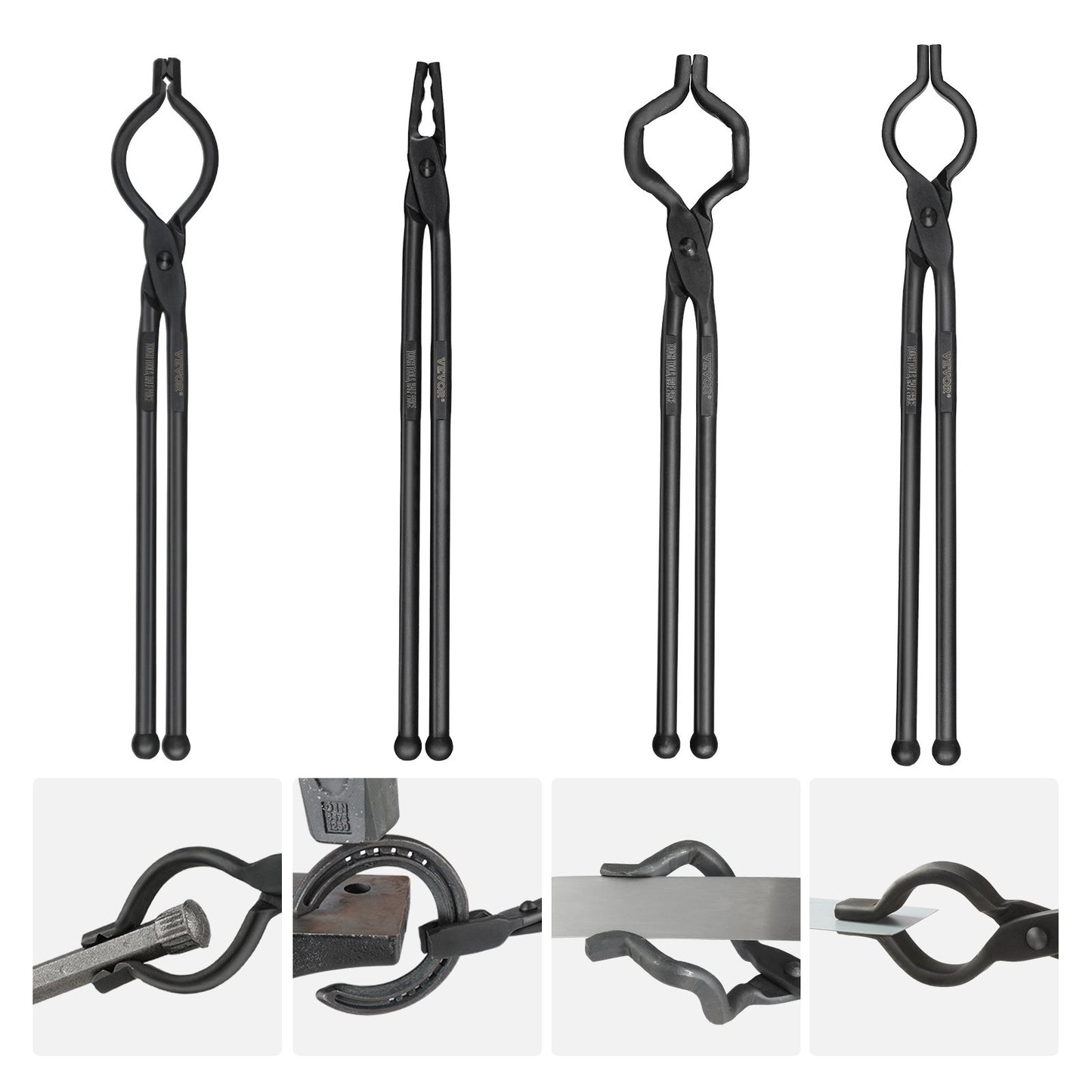 Blacksmith Tongs, 18” 4 PCS, V-Bit Bolt Tongs, Wolf Jaw Tongs, Z V-Bit Tongs and Griping Tongs, Carbon Steel Smide Tongs with A3 Steel Nitar, för nybörjare och erfarna smeder, bladsmeder