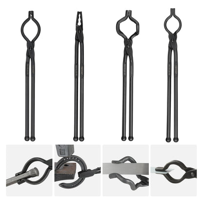 Blacksmith Tongs, 18” 4 PCS, V-Bit Bolt Tongs, Wolf Jaw Tongs, Z V-Bit Tongs and Griping Tongs, Carbon Steel Smide Tongs with A3 Steel Nitar, för nybörjare och erfarna smeder, bladsmeder