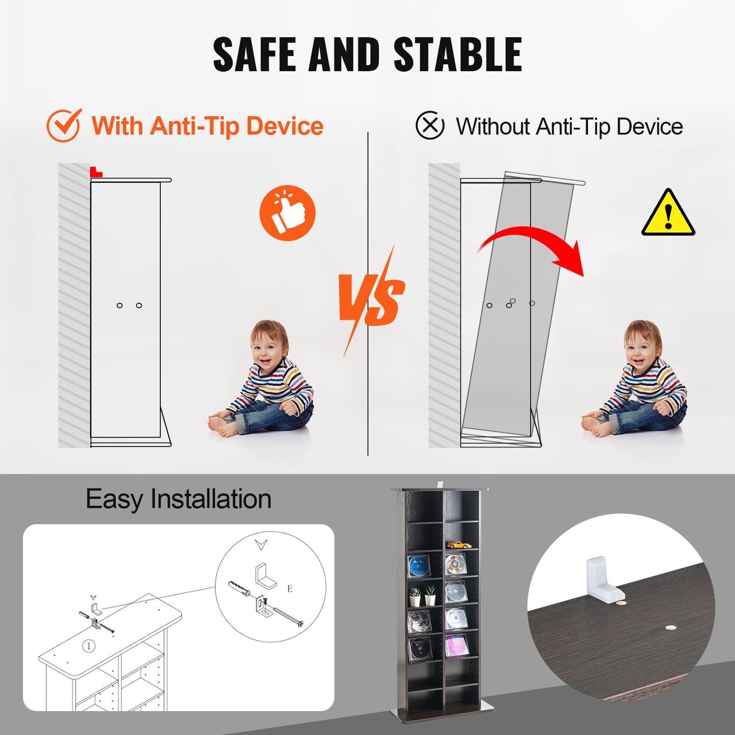 Media Storage Cabinet, 8-layer DVD Shelf Holds up to 464 CDs, Adjustable CD Shelves 16 Compartments, Protects & Organizes Music, Movie, Video Games or Memorabilia Collections, Espresso