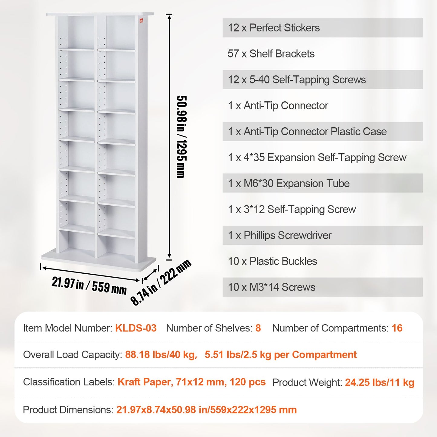 Media Storage Cabinet 8 Layers Adjustable DVD Shelves Holds 464 CDs White