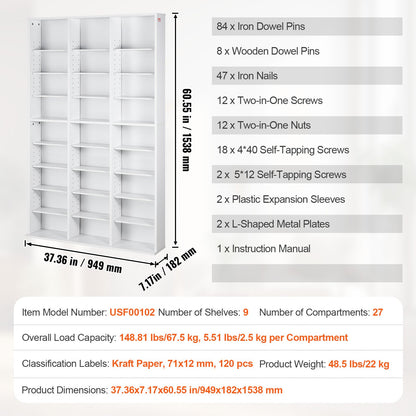 Medienaufbewahrungsschrank, 9 Ebenen, verstellbare DVD-Regale, für 756 CDs, Weiß