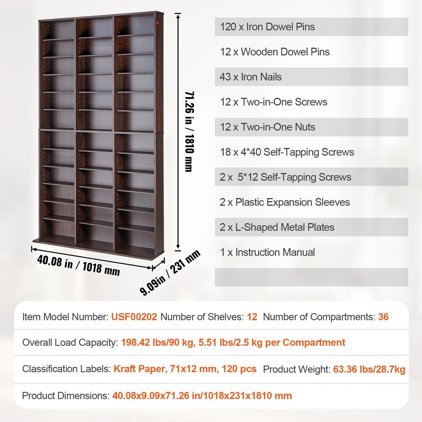 Medialagringsskåp 12 lager justerbara DVD-hyllor 1080 CD-skivor Espresso