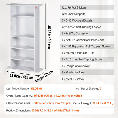 Medien-Aufbewahrungsschrank, 5 Ebenen, verstellbare DVD-Regale, für 240 CDs, Weiß