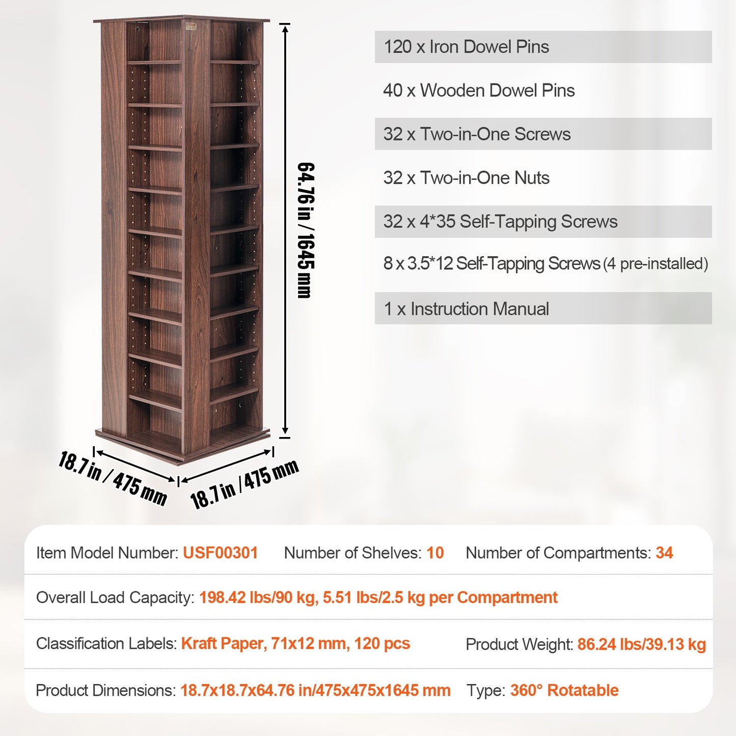 Drehbarer Medienturm, 4-seitig drehbar, 1040 CDs, Espresso