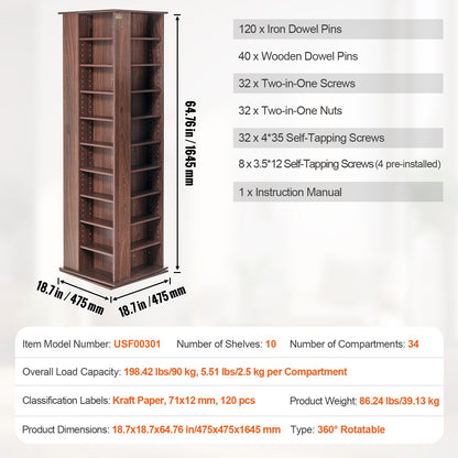 Drehbarer Medienturm, 4-seitig drehbar, 1040 CDs, Espresso