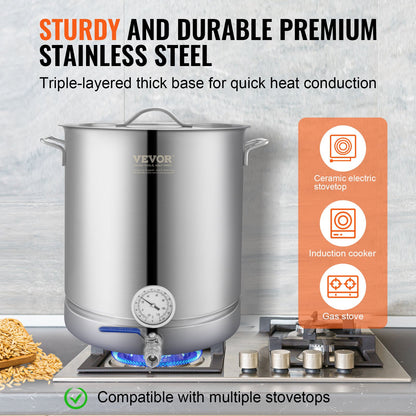 Stainless Steel Kettle, 16 GALLON Brew Pot, Three Layer Bottom for Beer, Brewing Jug, Home Brewing Accessories Includes Lid, Handle, Thermometer, Ball Valve Stopper, Filter, Filter Washer