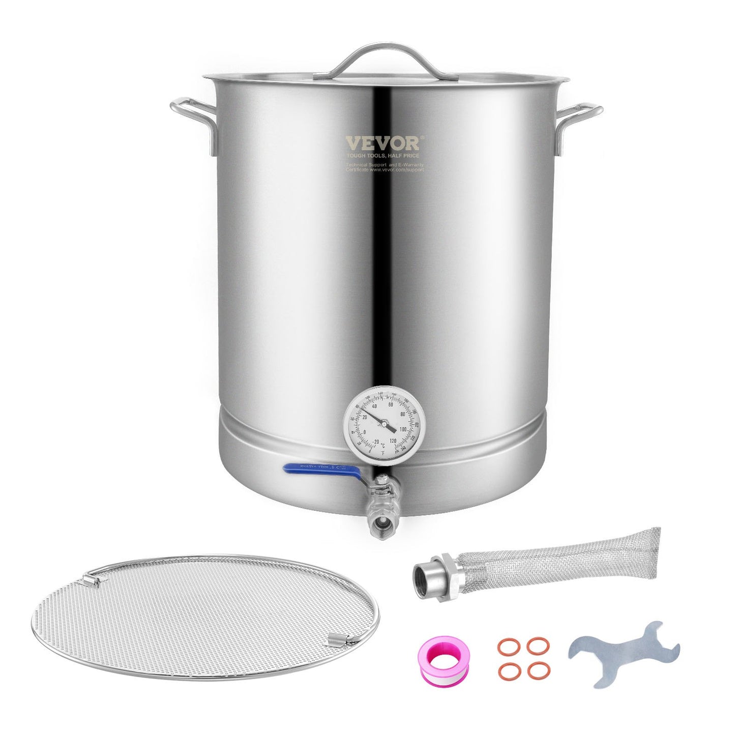 Stainless Steel Kettle, 16 GALLON Brew Pot, Three Layer Bottom for Beer, Brewing Jug, Home Brewing Accessories Includes Lid, Handle, Thermometer, Ball Valve Stopper, Filter, Filter Washer