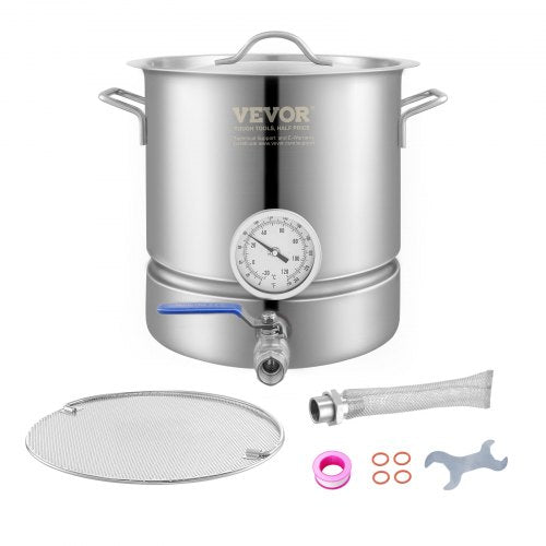 Stainless Steel Kettle, 5 GALLON Brewing Pot, Tri Ply Bottom for Beer, Brew Kettle Pot, Home Brewing Supplies Includes Lid, Handle, Thermometer, Ball Valve Spigot, Filter, Filter Tray
