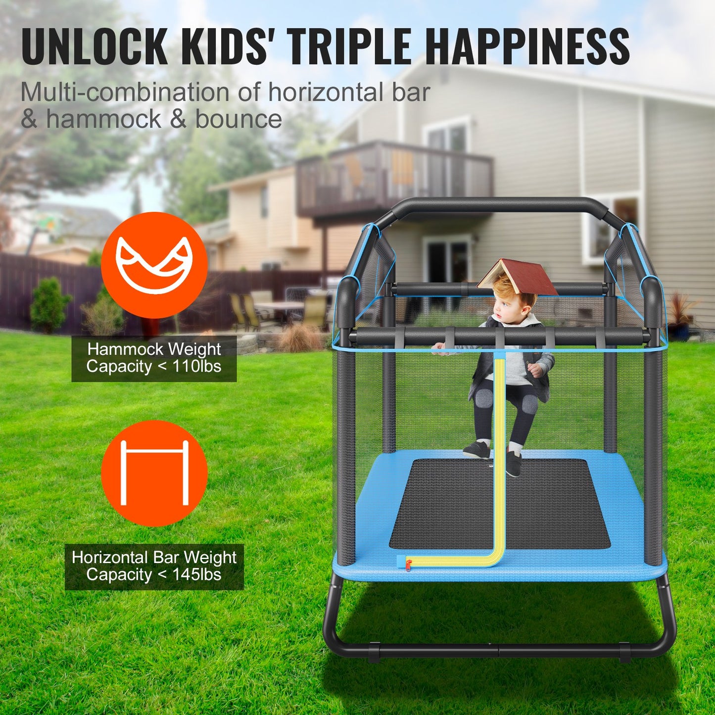 6FT Trampoline for Kids, 72" Indoor/Outdoor Toddlers Trampoline, Mini Baby Trampoline with Safety Enclosure Net, Gymnastics Bar, Hammock, Recreational Trampoline Birthday Gift for 3+ Years Kids