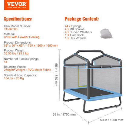 6FT Trampoline for Kids, 72" Indoor/Outdoor Toddlers Trampoline, Mini Baby Trampoline with Safety Enclosure Net, Gymnastics Bar, Hammock, Recreational Trampoline Birthday Gift for 3+ Years Kids