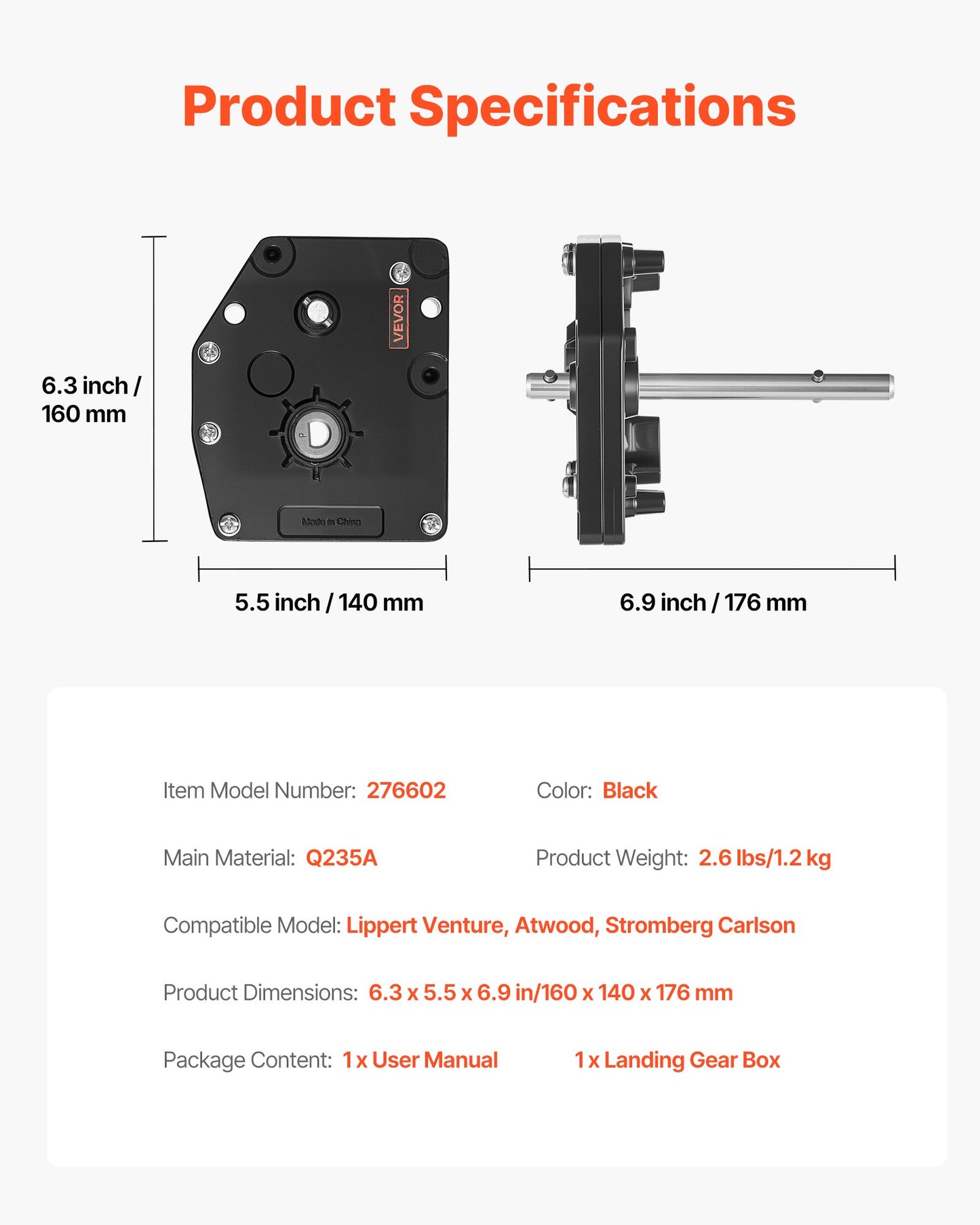 RV Fifth Wheel Landing Gear Box 276602, Universal Mount Steel Gearbox Compatible with Lippert Venture, Atwood, Stromberg Carlson Landing Gear Systems, Replace LG-179015, Adjustable Height, Black