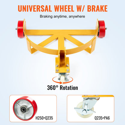55 Gallon Drum Dolly, 1200 lbs Load Capacity, Barrel Dolly Cart Drum Caddy Round Dolly Steel Low Profile, Heavy Duty Steel Frame with Adjustable Handle 3 Wheels, for Workshop Factory Warehouse