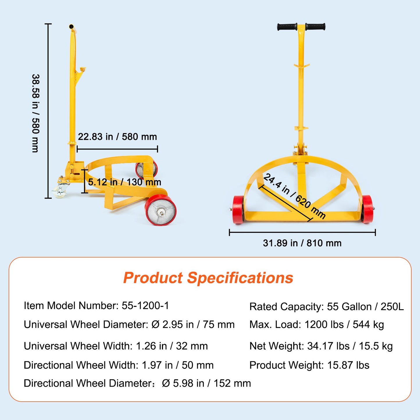 55 Gallon Drum Dolly, 1200 lbs Load Capacity, Barrel Dolly Cart Drum Caddy Round Dolly Steel Low Profile, Heavy Duty Steel Frame with Adjustable Handle 3 Wheels, for Workshop Factory Warehouse