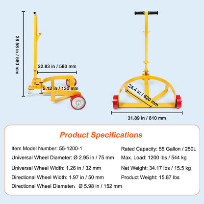 55 Gallon Drum Dolly, 1200 lbs Load Capacity, Barrel Dolly Cart Drum Caddy Round Dolly Steel Low Profile, Heavy Duty Steel Frame with Adjustable Handle 3 Wheels, for Workshop Factory Warehouse