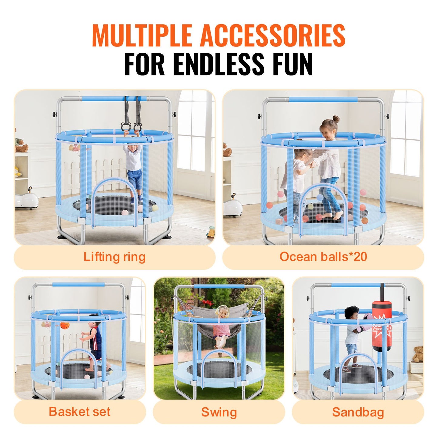 55" Kids Trampoline, 4.6FT Indoor Outdoor Trampoline, Mini Toddler Recreational Trampolinewith Safety Enclosure Net and Basketball Hoop, Birthday Gifts Christmas Toys for 3+ Years Children, Blue