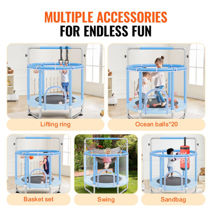 55" Kids Trampoline, 4.6FT Indoor Outdoor Trampoline, Mini Toddler Recreational Trampolinewith Safety Enclosure Net and Basketball Hoop, Birthday Gifts Christmas Toys for 3+ Years Children, Blue