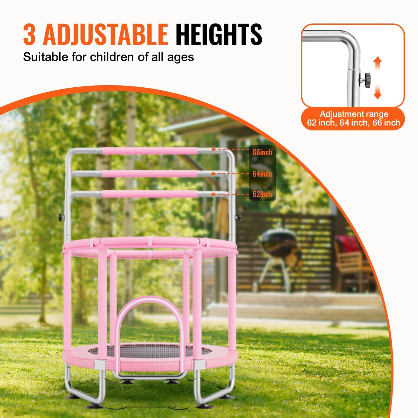 55" Kids Trampoline, 4.6FT Indoor Outdoor Trampoline, Mini Toddler Recreational Trampolinewith Safety Enclosure Net and Basketball Hoop, Birthday Gifts Christmas Toys for 3+ Years Children, Pink