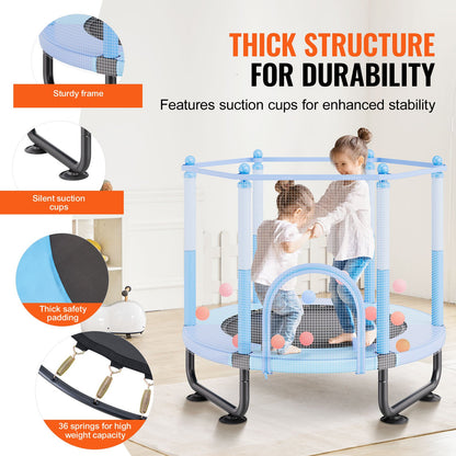 60" Kids Trampoline, 5FT Indoor Outdoor Trampoline, Mini Toddler Recreational Trampolinewith Safety Enclosure Net and Basketball Hoop, Birthday Gifts Christmas Toys for 3+ Years Children, Blue