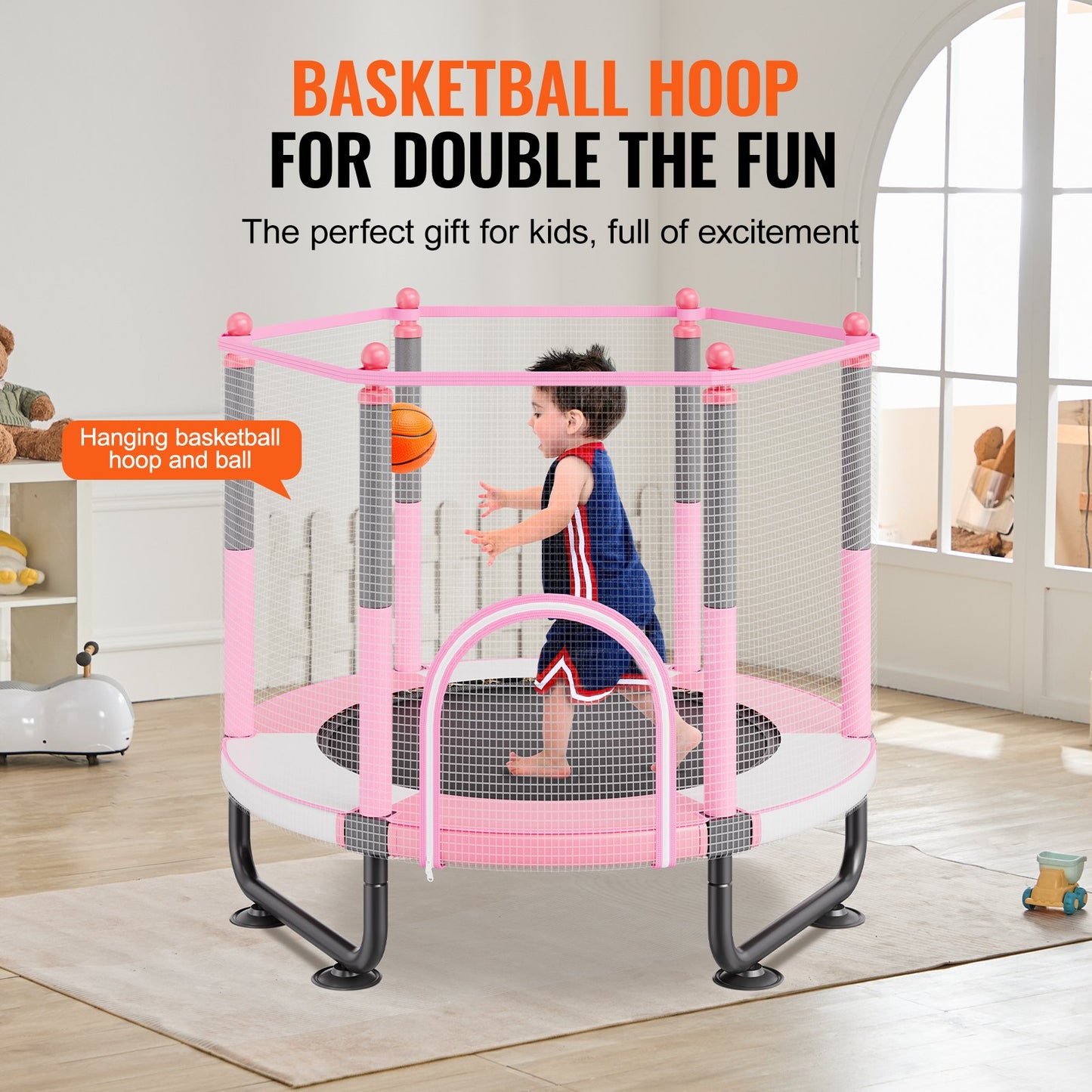 60" Kids Trampoline, 5FT Indoor Outdoor Trampoline, Mini Toddler Recreational Trampolinewith Safety Enclosure Net and Basketball Hoop, Birthday Gifts Christmas Toys for 3+ Years Children, Pink