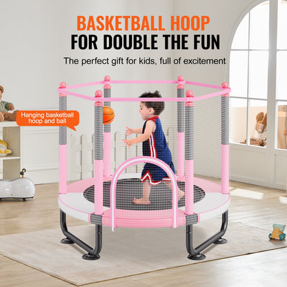 60" Kids Trampoline, 5FT Indoor Outdoor Trampoline, Mini Toddler Recreational Trampolinewith Safety Enclosure Net and Basketball Hoop, Birthday Gifts Christmas Toys for 3+ Years Children, Pink