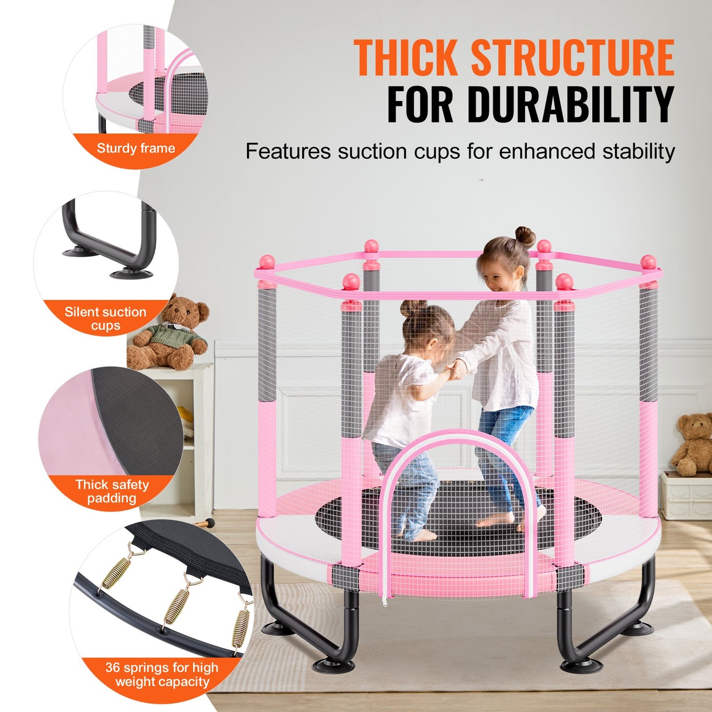 60" Kids Trampoline, 5FT Indoor Outdoor Trampoline, Mini Toddler Recreational Trampolinewith Safety Enclosure Net and Basketball Hoop, Birthday Gifts Christmas Toys for 3+ Years Children, Pink