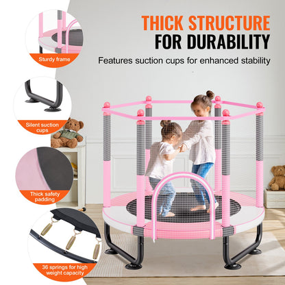 60" Kids Trampoline, 5FT Indoor Outdoor Trampoline, Mini Toddler Recreational Trampolinewith Safety Enclosure Net and Basketball Hoop, Birthday Gifts Christmas Toys for 3+ Years Children, Pink