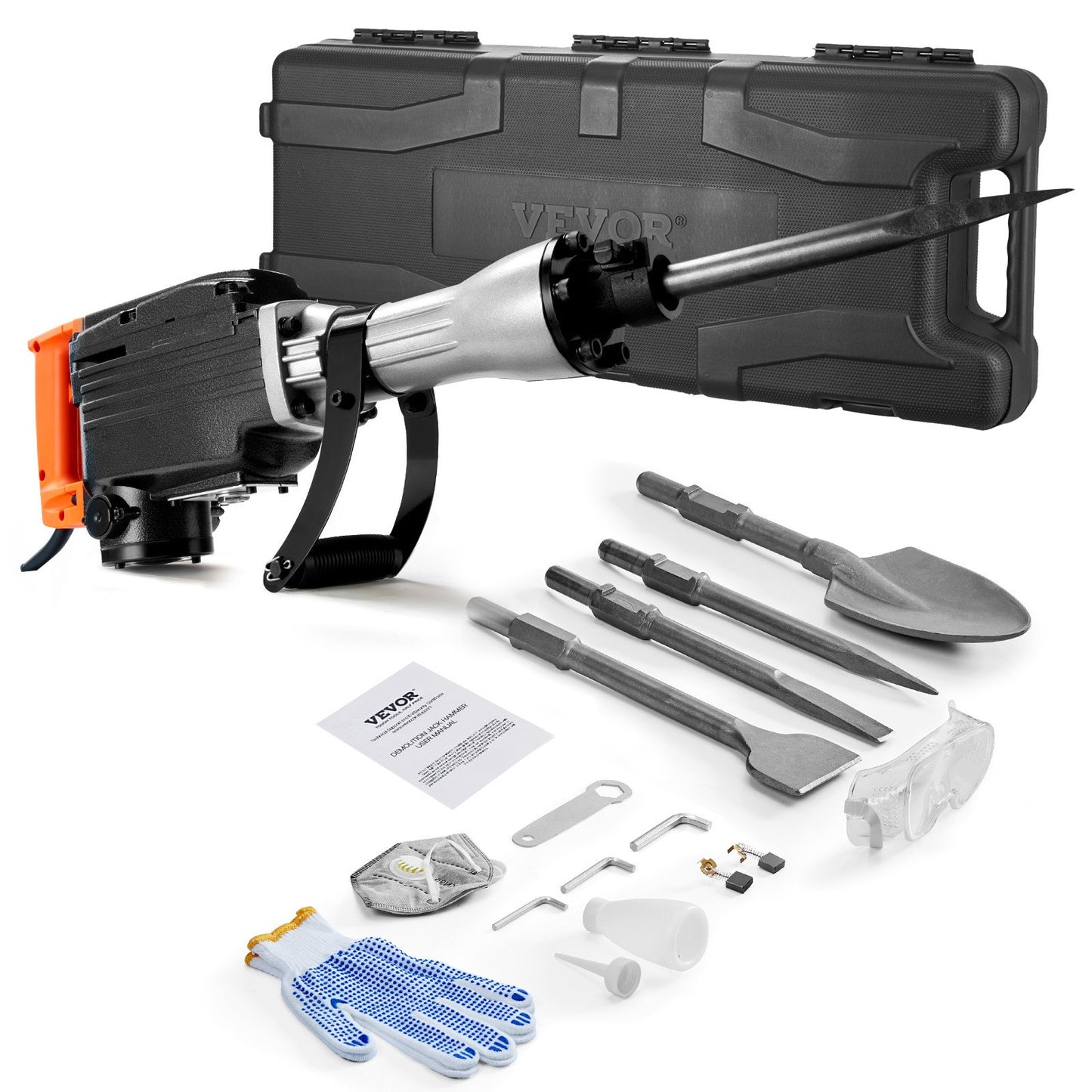 Demolition Jack Hammer, 2200W Jack Hammer Concrete Breaker, 1350 BPM Heavy Duty Electric Jack Hammer, 4pcs Chisels Bit with Case, Black