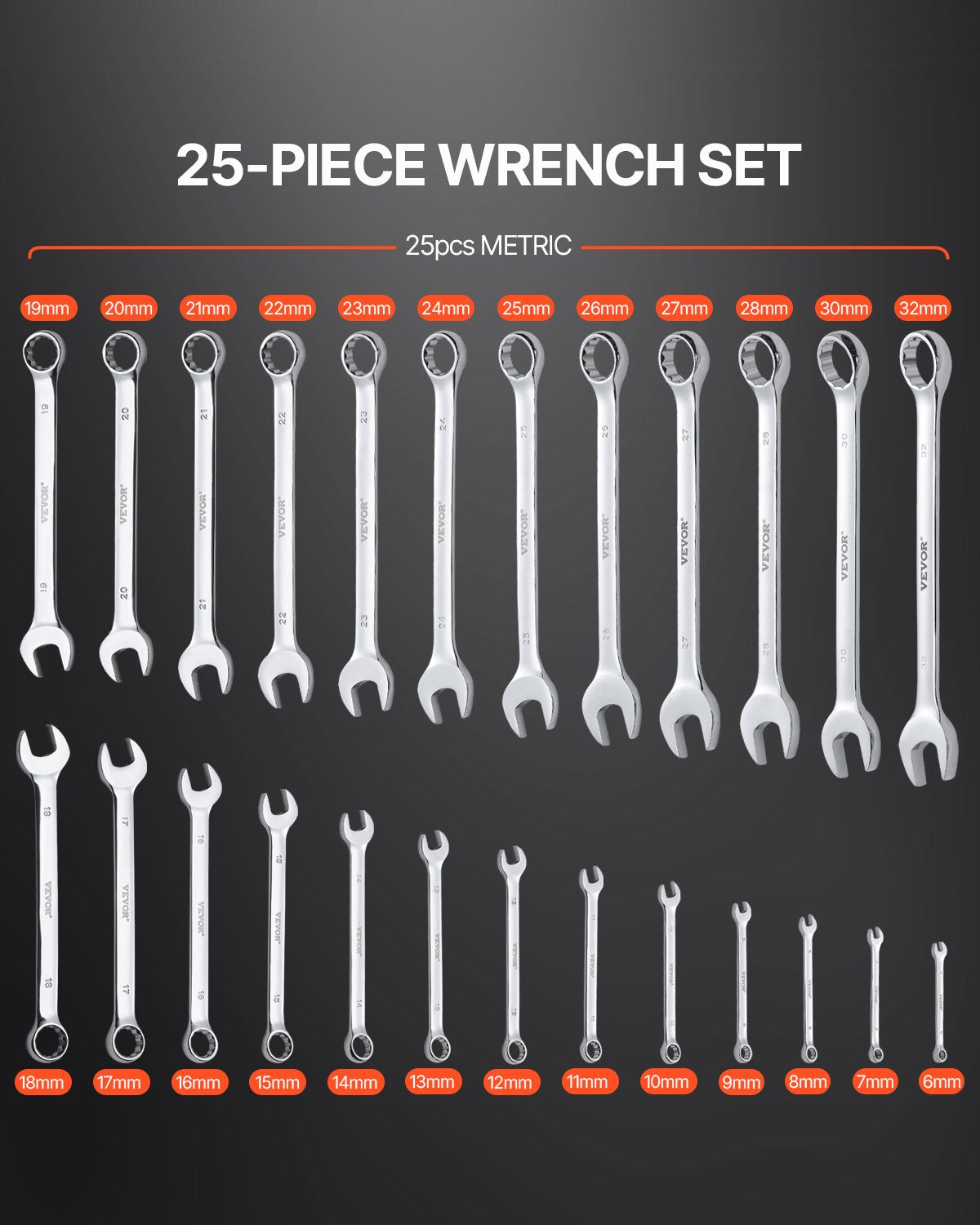 Combination wrench set 25-piece metric 6 mm to 32 mm with roll-up bag