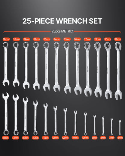 Combination wrench set 25-piece metric 6 mm to 32 mm with roll-up bag