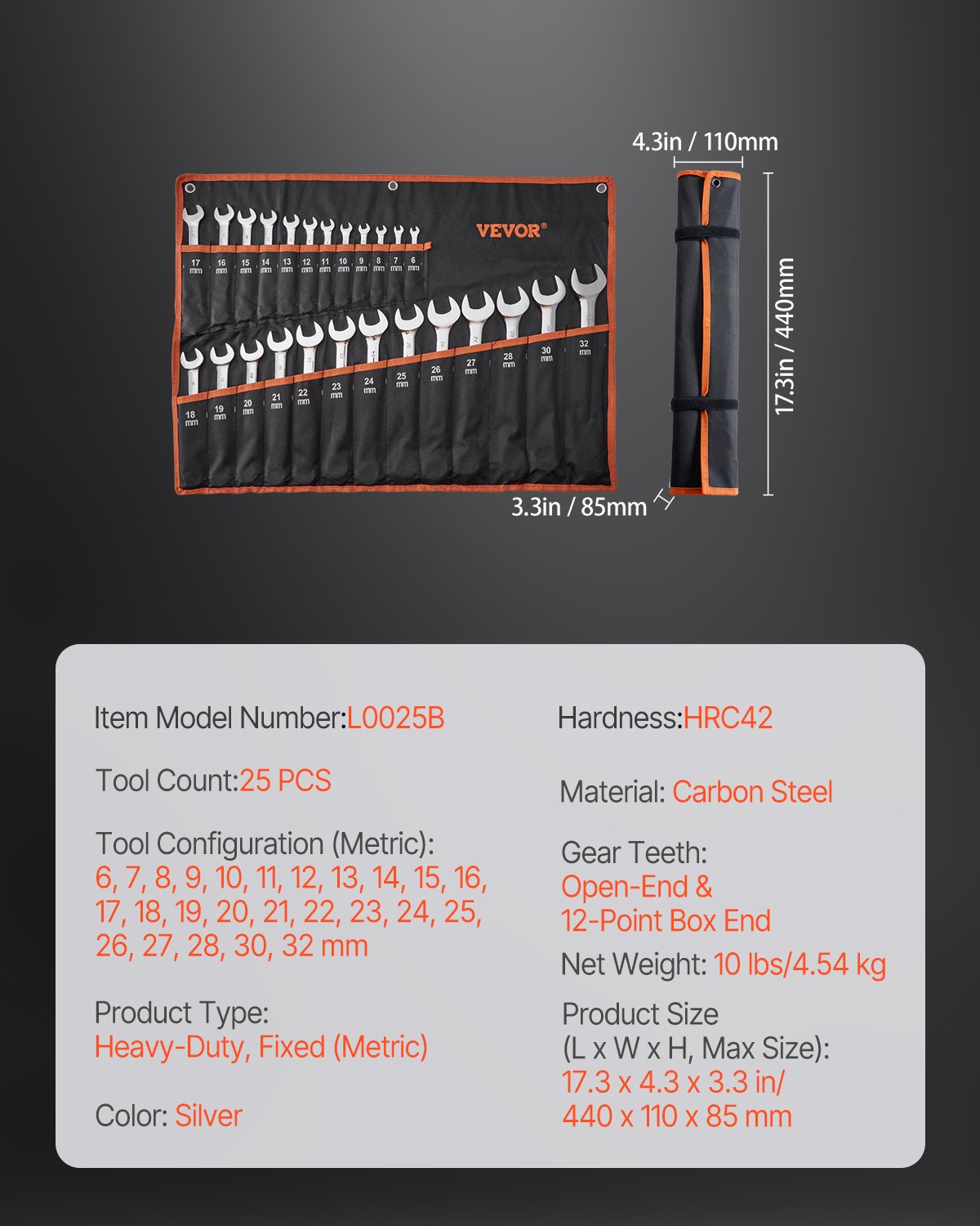 Combination wrench set 25-piece metric 6 mm to 32 mm with roll-up bag