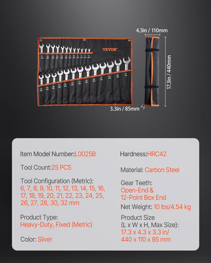 Combination wrench set 25-piece metric 6 mm to 32 mm with roll-up bag
