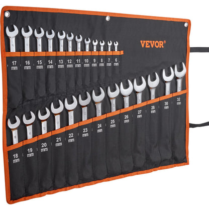 Combination Wrench Set, 25-Piece Open End Wrench Set with Roll-up Pouch, Carbon Steel Wrench Set Metric 6 mm to 32 mm, Ideal for General Household, Garage, Workshop, Auto Repairs, Emergency