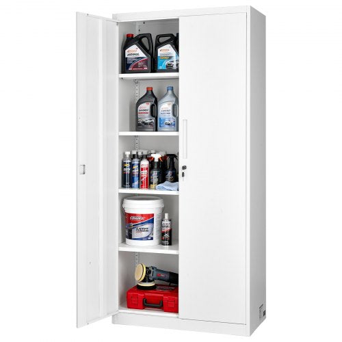 Metal Storage Cabinet, 68.9 in Lockable Steel Garage Cabinet with 4 Adjustable Shelves, 2 Magnetic Doors, 2 Keys, 5 Tiers Tool Storage for Pantry, Warehouse, Basement, Laundry, Office, White