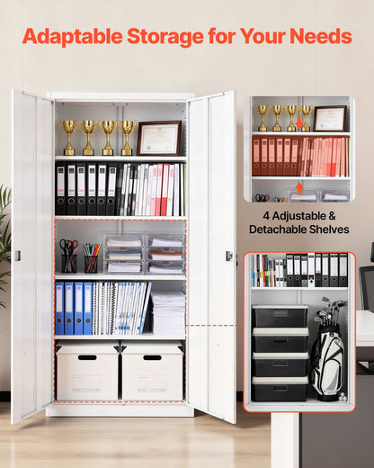 Metal Storage Cabinet, 68.9 in Lockable Steel Garage Cabinet with 4 Adjustable Shelves, 2 Magnetic Doors, 2 Keys, 5 Tiers Tool Storage for Pantry, Warehouse, Basement, Laundry, Office, White