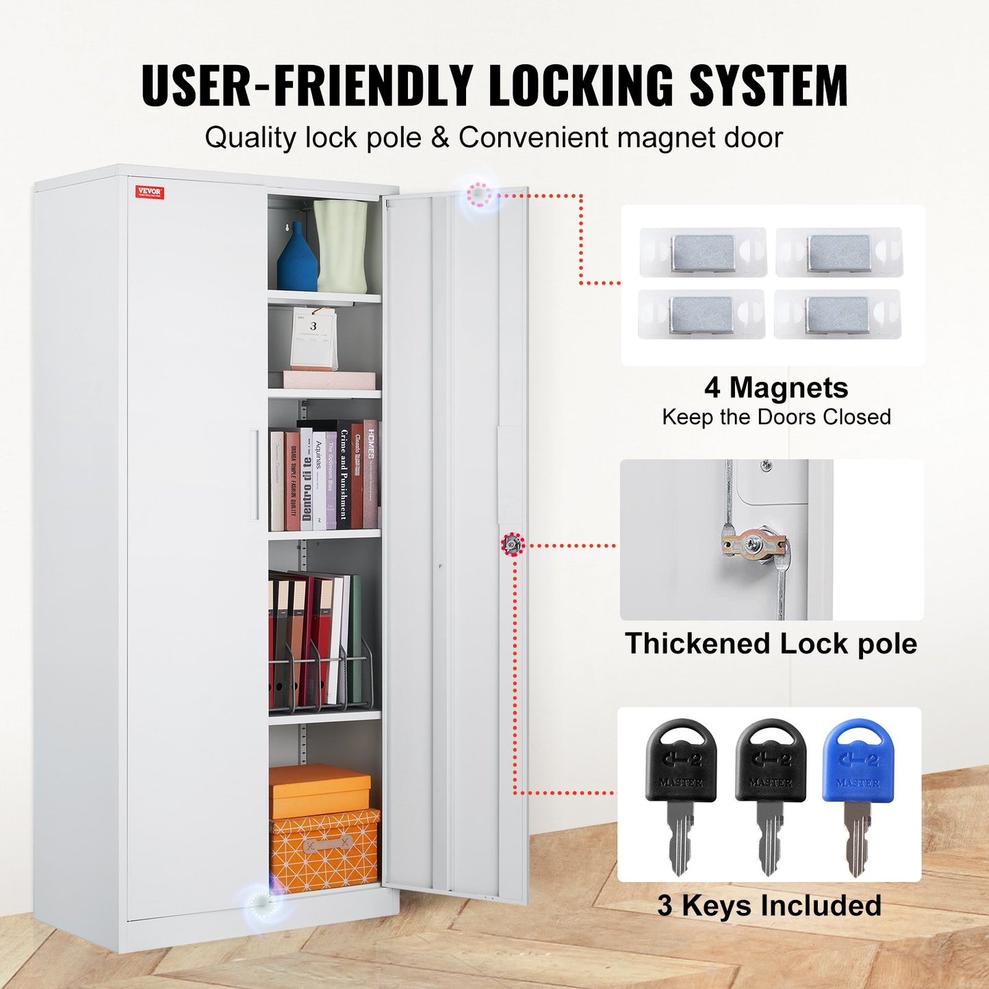 Metal Storage Cabinet, Steel Locking Storage Cabinet with 2 Magnetic Doors and 4 Adjustable Shelves, 71'' Metal Cabinet 200 lbs Capacity Per Shelf with 3 Keys, for Office, Home, Garage, White