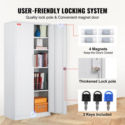 Metal Storage Cabinet, Steel Locking Storage Cabinet with 2 Magnetic Doors and 4 Adjustable Shelves, 71'' Metal Cabinet 200 lbs Capacity Per Shelf with 3 Keys, for Office, Home, Garage, White