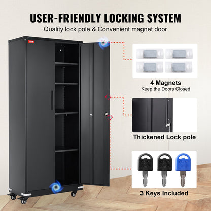 Metal Storage Cabinet with Wheels, 75 in Locking Cabinet with 4 Adjustable Shelves and 2 Magnetic Doors, 200 lbs Capacity Per Shelf, Metal Cabinet with 3 Keys for Office, Garage, Home, Black