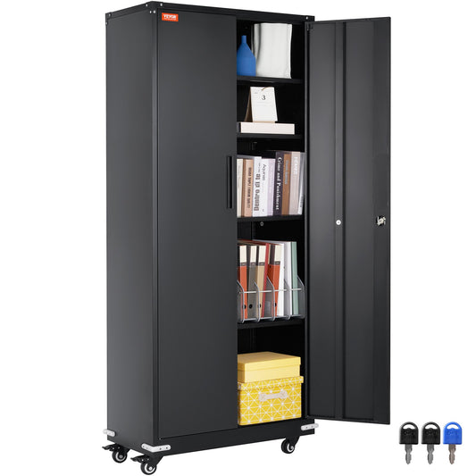 Metal Storage Cabinet with Wheels, 75 in Locking Cabinet with 4 Adjustable Shelves and 2 Magnetic Doors, 200 lbs Capacity Per Shelf, Metal Cabinet with 3 Keys for Office, Garage, Home, Black