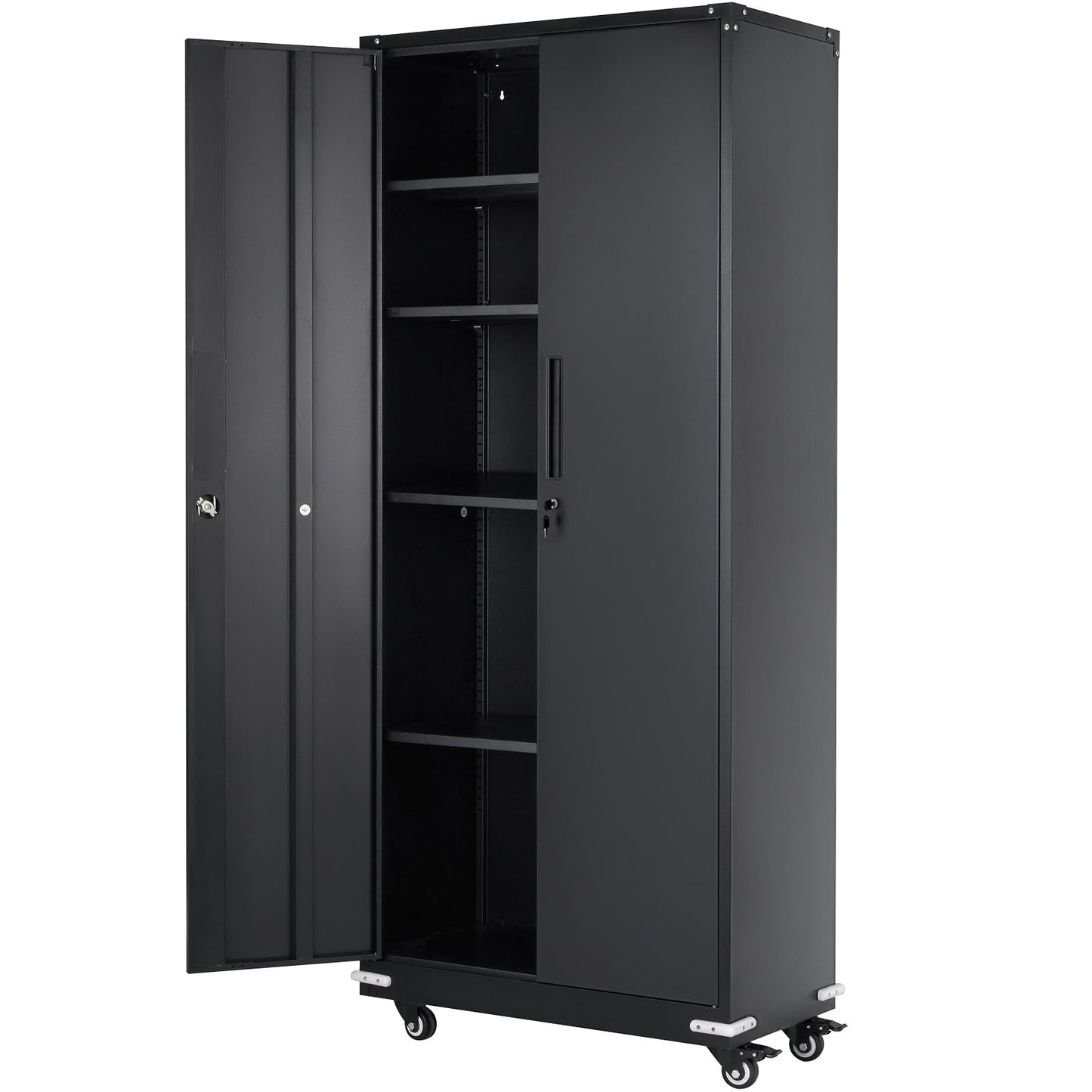 Metal Storage Cabinet with Wheels, 75 in Locking Cabinet with 4 Adjustable Shelves and 2 Magnetic Doors, 200 lbs Capacity Per Shelf, Metal Cabinet with 3 Keys for Office, Garage, Home, Black